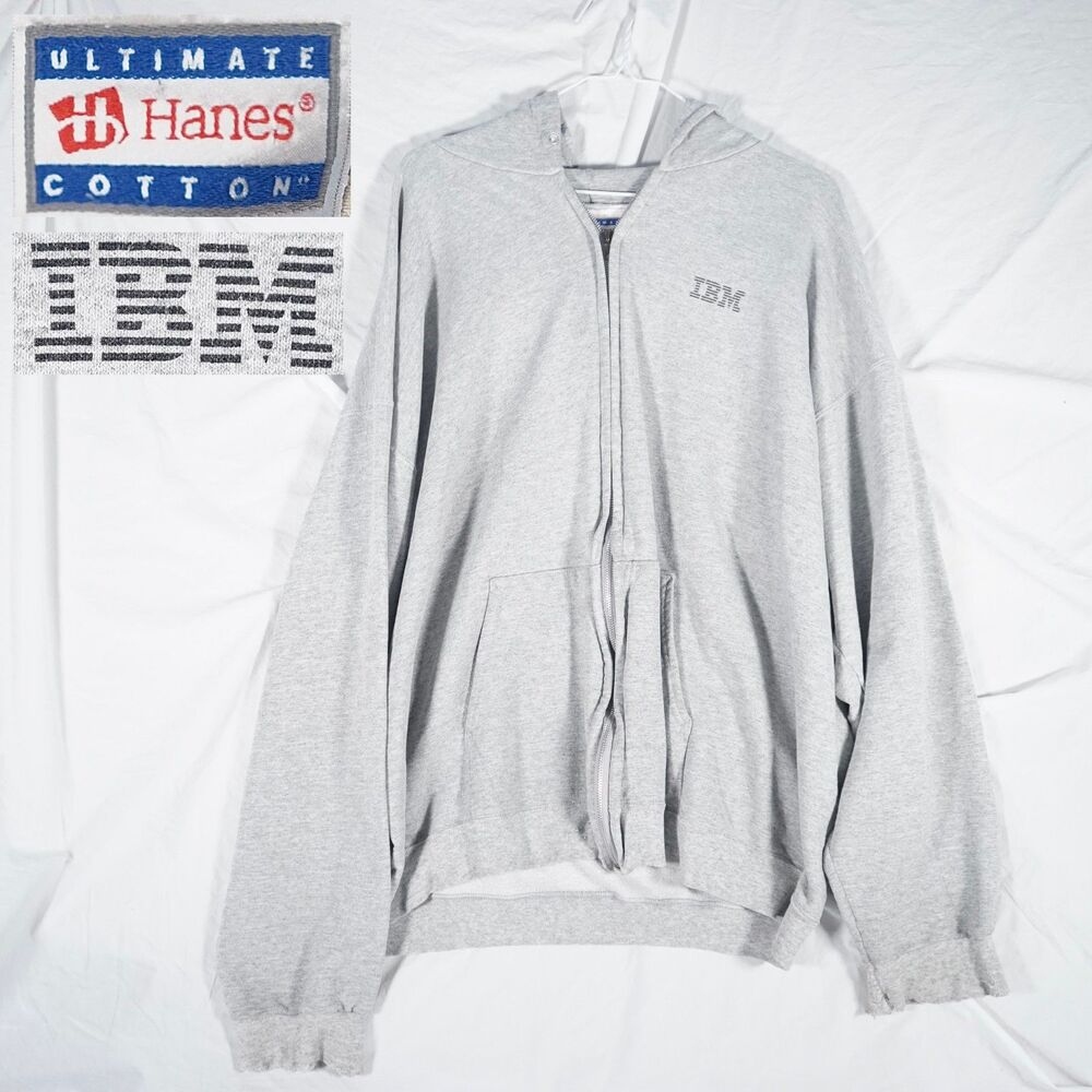 Vintage IBM Hanes Ultimate Cotton Hoodie Full Zip Grey XL Computers Logo